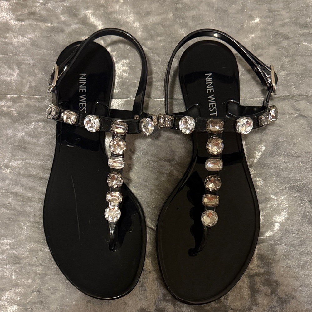 Nine West Black Jelly Sandals with Crystal Accents